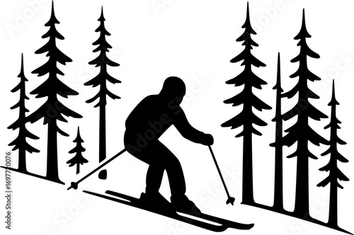 Minimal black and white vector silhouette of a skier gliding through a forest, clean simple design, ideal for winter sports posters, prints, and outdoor adventure graphics
