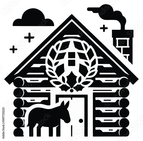 A black and white silhouette of a rustic log cabin with a Christmas wreath and a donkey.