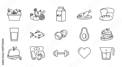 Collection of healthy lifestyle and food icons in a simple line art silhouette