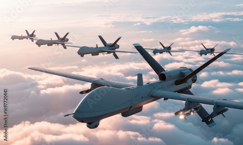 Advanced military combat drones flying in echelon formation above clouds at sunset