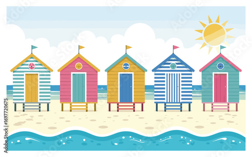 Colorful Beach Huts on a Sunny Day: A Cheerful Seaside Illustration with Ocean Waves and Bright Colors, Perfect for Summer and Vacation Themes.