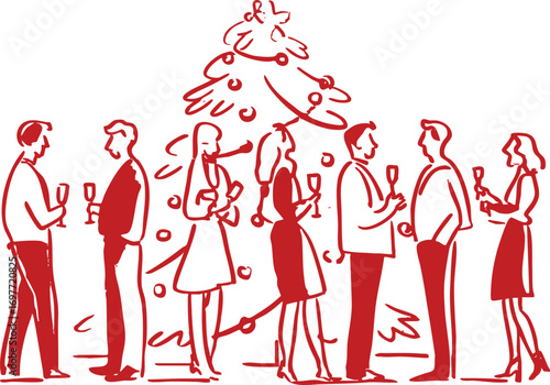 Retro crayon sketch style illustration of people celebrating at Christmas party with champagne glasses, festive gathering near decorated holiday tree.