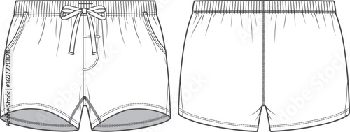 Front and back view of casual shorts with elastic waistband and drawstring clothing apparel