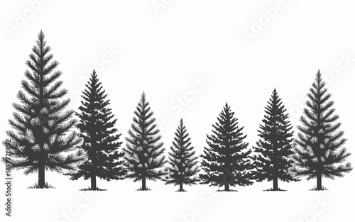 Monochrome Forest Silhouette: A Vector Illustration of Coniferous Trees with Detailed Hatching, Perfect for Nature-Themed Designs and Christmas Projects.