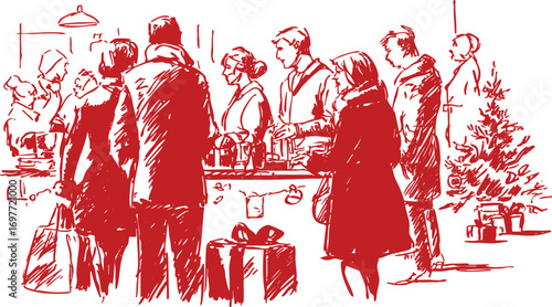 Vintage crayon style illustration of people waiting in a holiday shopping queue at store checkout, retro festive sketch with gifts and Christmas tree.