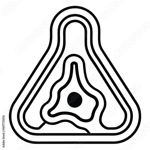 Abstract Minimalist Geometric Outline Design of a Stylized Triangle with Inner Swirls and a Central Dot