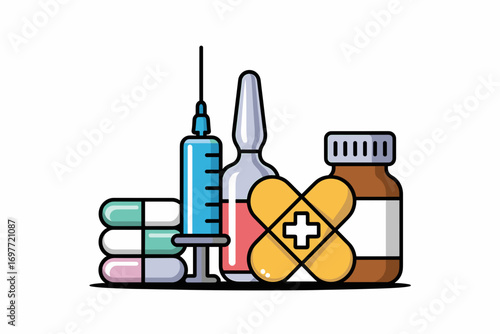 Medical Essentials Illustration: Syringe, Ampule, Pills, Bandage, and Bottle for Health Care and Pharmaceutical Concepts with Bold Outlines and Vibrant Colors