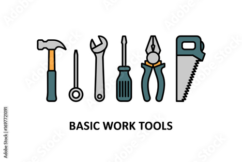 Essential Hand Tools Lineup: Hammer, Nail Setter, Wrench, Screwdriver, Pliers, and Hand Saw for DIY Projects and Home Improvement Tasks