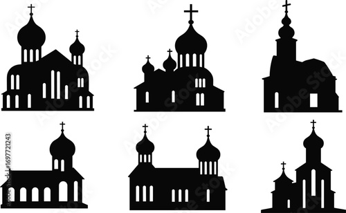 Russian Orthodox church silhouettes, onion dome architecture, Christian religious buildings, historic church outlines, religious symbols, traditional cathedral shapes, vector illustration set