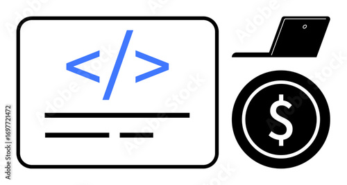 Code snippet on screen, laptop, and dollar icon representing programming, online business, finance, software, technology, innovation coding skills value. Ideal for education business and digital