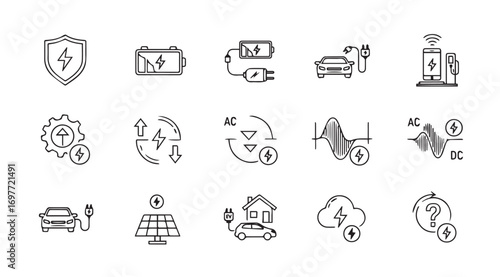 Collection of electric vehicle and renewable energy icons in a sketchy silhouette style