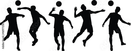 Silhouette of volleyball player jumping, volleyball action, sports silhouette vector, black player hitting ball, volleyball game movement, athlete in motion