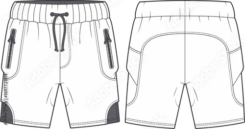 Front and back view of white athletic shorts with drawstring and zippered pockets sweat shorts jogging shorts