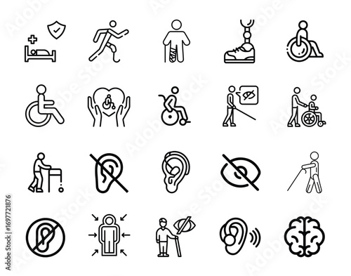 Vector pack of disability icons, including accessibility symbols, assistive devices, wheelchair icons, hearing and visual impairment symbols, and inclusive design elements. Perfect for websites, apps