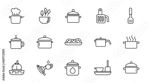 Collection of kitchen utensils and cookware icons in a simple silhouette style