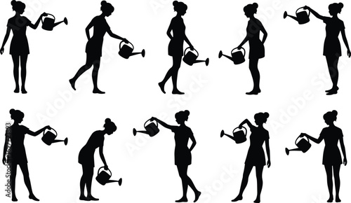 Silhouette of woman watering plants with watering can, gardening activity, nature care, plant nurturing, outdoor hobby, gardening vector illustration