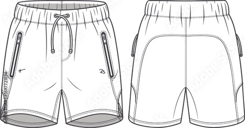 Front and back view of white athletic shorts with drawstring and zippered pockets sweat shorts jogging shorts