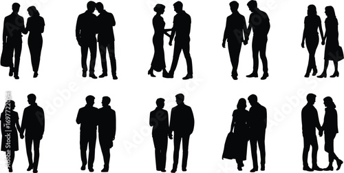 Silhouettes of couples walking, holding hands, talking, romantic love relationships, diverse male and female pairs, friendship, togetherness, companionship vector art design