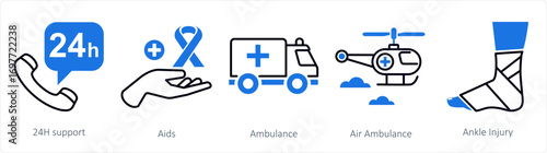A set of 5 mix icons as 24h support, aids, ambulance