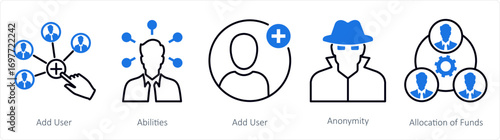 A set of 5 mix icons as add user, abilities, anonymity
