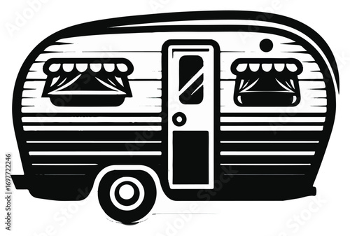 Stylized black and white illustration of a vintage travel trailer with awnings, depicting a classic recreational vehicle.