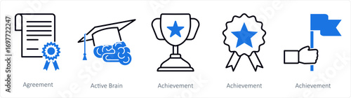 A set of 5 mix icons as agreement, active brain, achievement