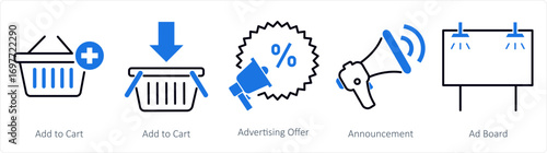 A set of 5 mix icons as add to cart, advertising offer, announcement