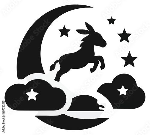 A whimsical silhouette of a jumping donkey against a crescent moon, stars, and clouds in a night sky.