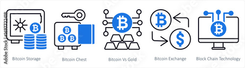 A set of 5 mix icons as bitcoin storage, bitcoin chest bitcoin vs gold