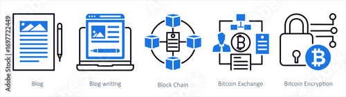 A set of 5 mix icons as blog, blog writing, block chain