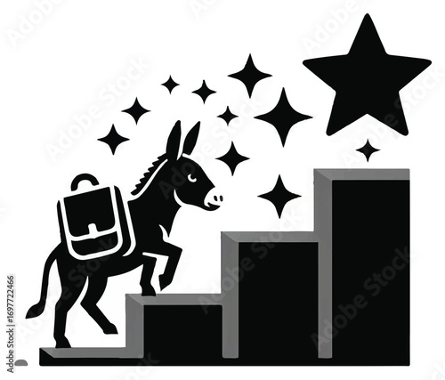 A donkey carrying a briefcase climbs stairs towards a star, symbolizing ambition and success.