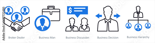 A set of 5 mix icons as broker dealer, businessman, business discussion