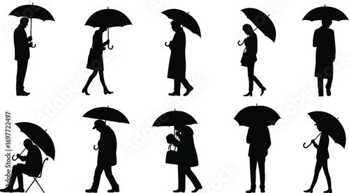 Silhouettes of people holding umbrellas in different walking and standing poses, rainy day, protection, outdoor lifestyle, diverse individuals, weather, umbrella scene