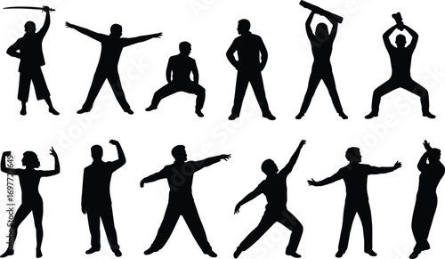 Silhouettes of people performing expressive and dynamic poses, dancing, stretching, martial arts, movement, energy, fitness, strength, creativity, human body art