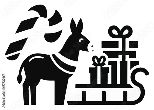 A black silhouette of a Christmas donkey with a candy cane, standing by a sled piled high with presents.