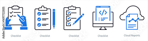 A set of 5 mix icons as checklist, cloud reports, list