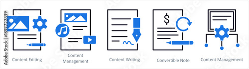 A set of 5 mix icons as content editing, content management, convertible note