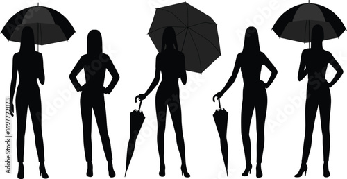 Silhouettes of women holding umbrellas, fashion model poses, elegant female figures, rainy day accessories, stylish umbrella art, vector silhouette design, black and white