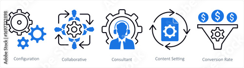 A set of 5 mix icons as configuration, collaborative, consultant
