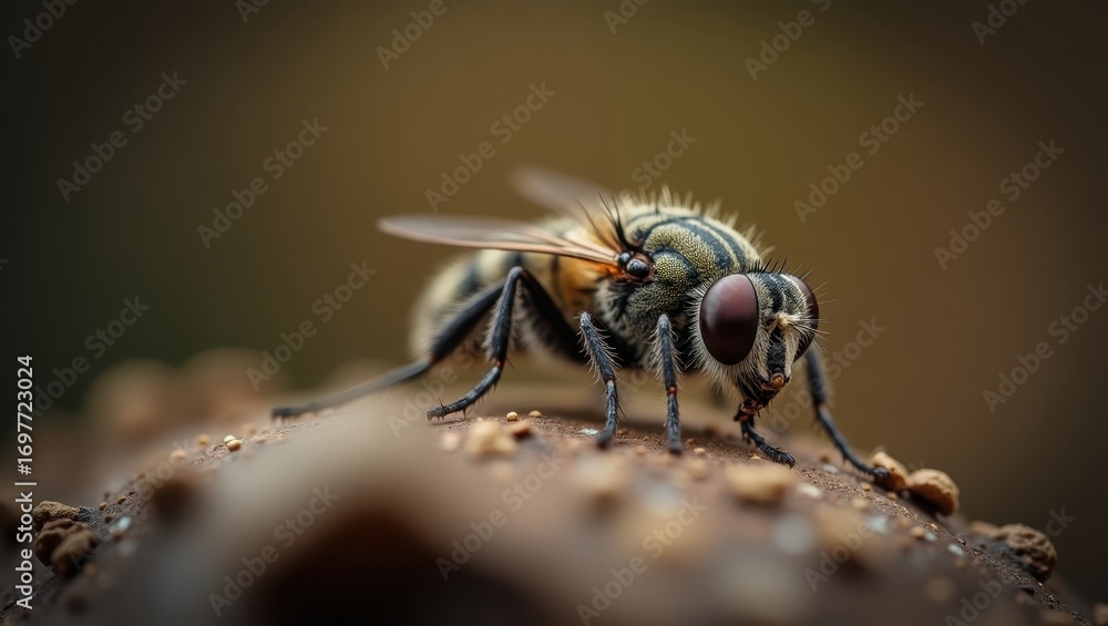 Fototapeta premium Close-up of a fly with intricate patterns, resting on a textured surface, showcasing detailed features and warm earthy tones.