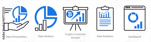 A set of 5 mix icons as data presentation, data analysis, crypto currencies growth