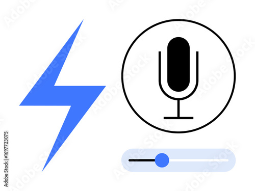 Blue lightning bolt, microphone illustration, and a volume slider for media recording or listening. Ideal for podcasting, audio recording, music apps, voice control, sound editing, technology simple