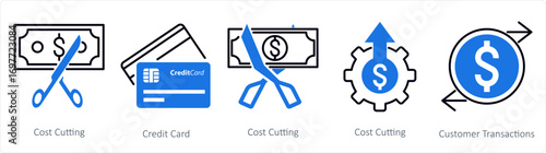 A set of 5 mix icons as cost cutting, credit card, customer transactions