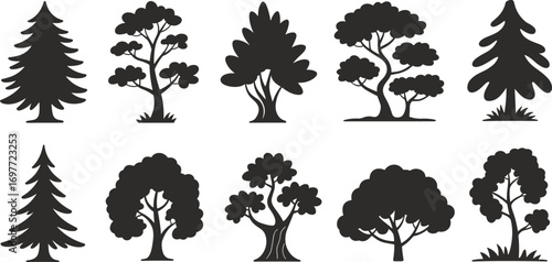 Tree silhouette collection, vector forest trees, nature illustration, black tree icons, woodland design elements, foliage shapes, isolated plant set