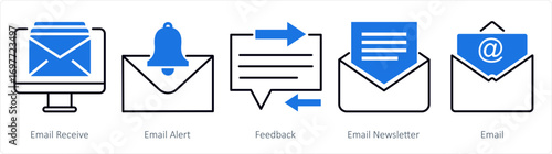 A set of 5 mix icons as email receive, email alert, feedback