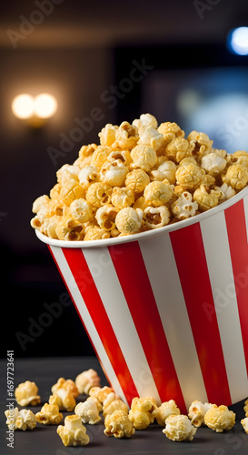 Popcorn Bucket: A mouthwatering bucket of freshly popped popcorn, with a classic red and white striped design, spills onto a surface.