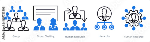 A set of 5 mix icons as group, group chatting, human resource
