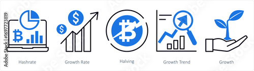 A set of 5 mix icons as hashrate, growth rate, halving