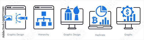 A set of 5 mix icons as graphic design, hierarchy, hashrate