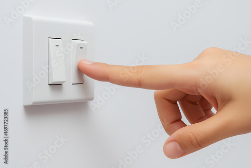 Hand pressing a white light switch on the wall.